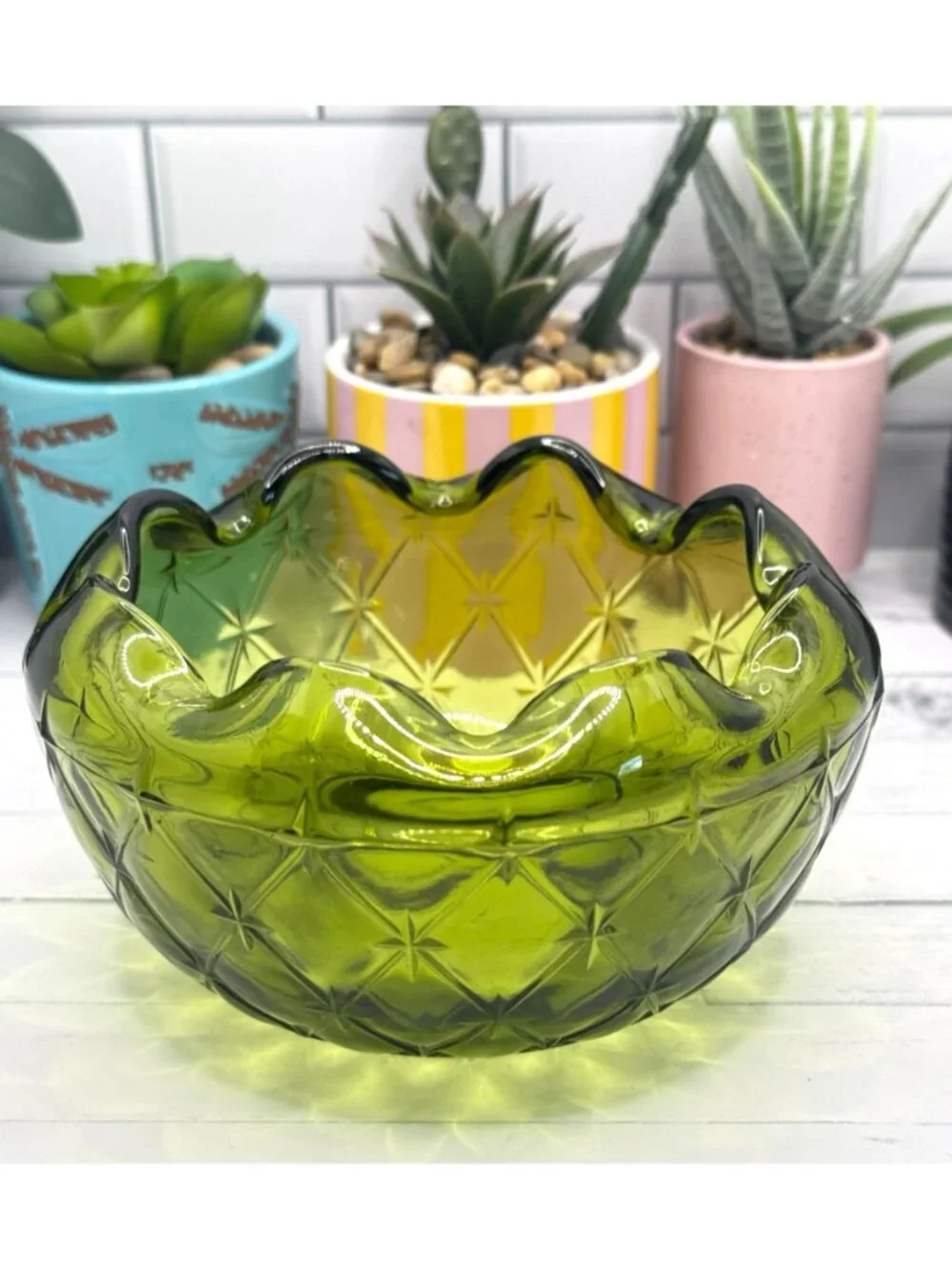 Vintage Green Glass Bowl With Quilted Diamond Pattern & Ruffled Edge
